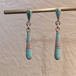 Zuni Vintage Sterling Silver Blue & Pink Stone Inlay Dangle Pierced Earrings